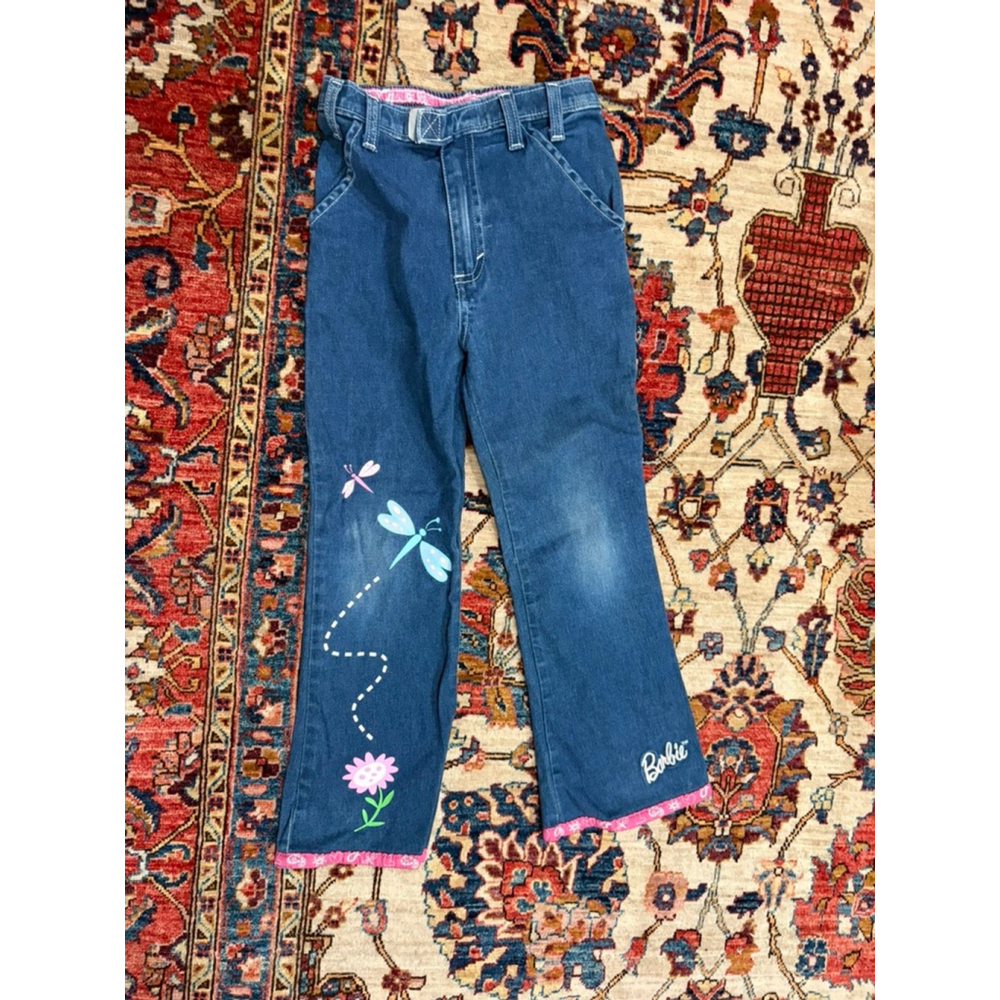 Vintage 1999 Barbie Girls Jeans Size 5A Embroidered Dragonfly Flower Denim